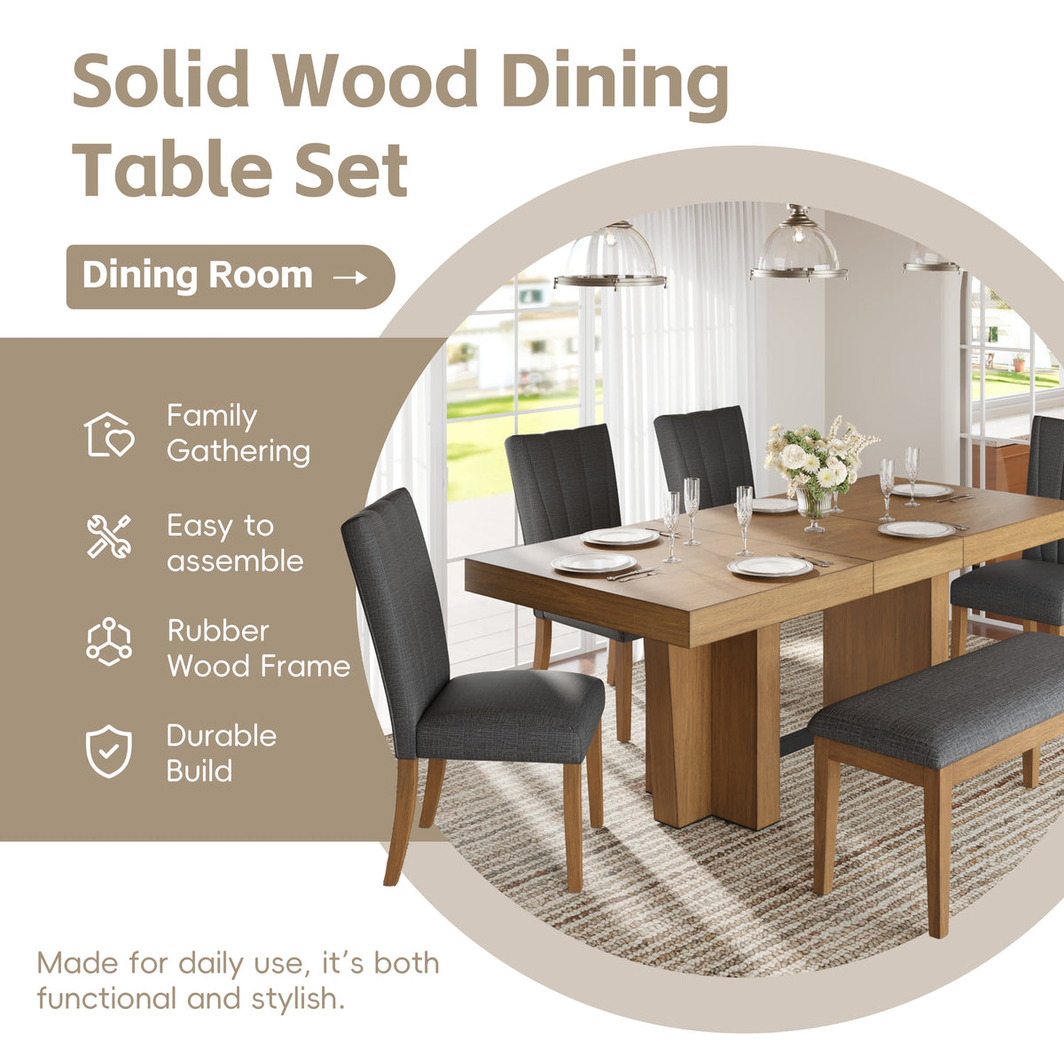 TOPMAX Farmhouse 78.1-Inch Extendable Wood Dining Table Set