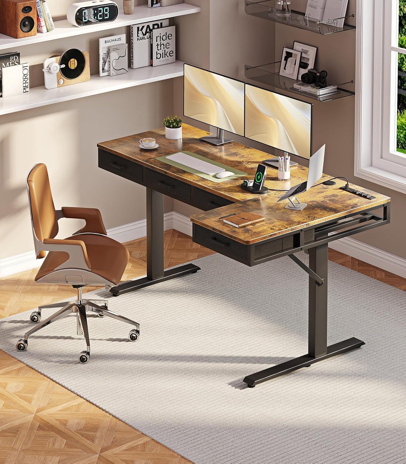 Sixty Three Inch L Shaped Electric Height Adjustable Desk Drawers