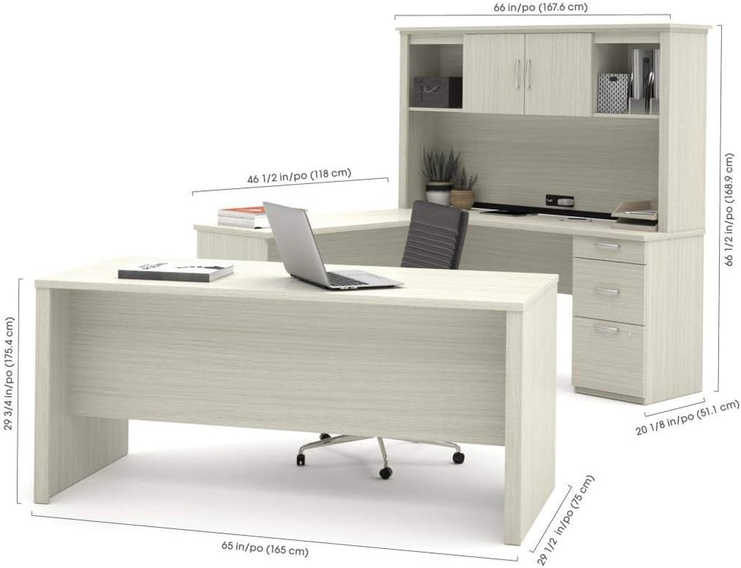 66W White Chocolate L Shaped Executive Desk With Hutch