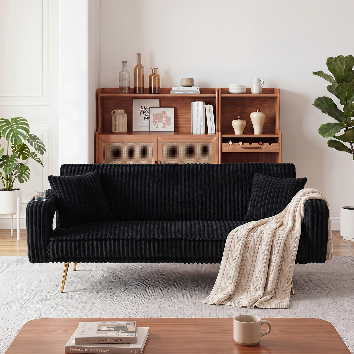 74 Inch Straight Corduroy Sofa Bed with Pillows