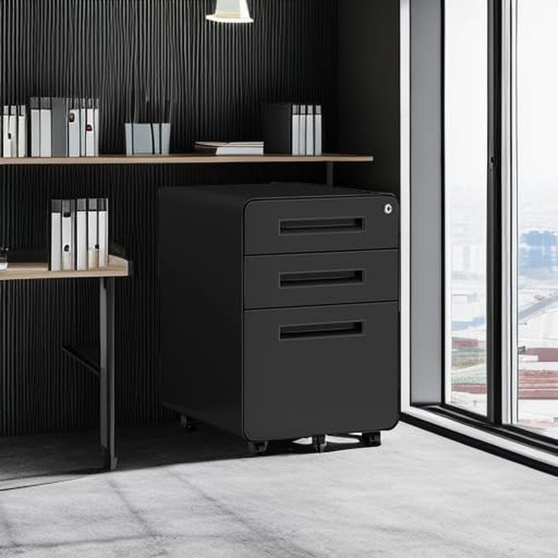 Mobile 3 Drawer Filing Cabinet With Lock Black Rolling