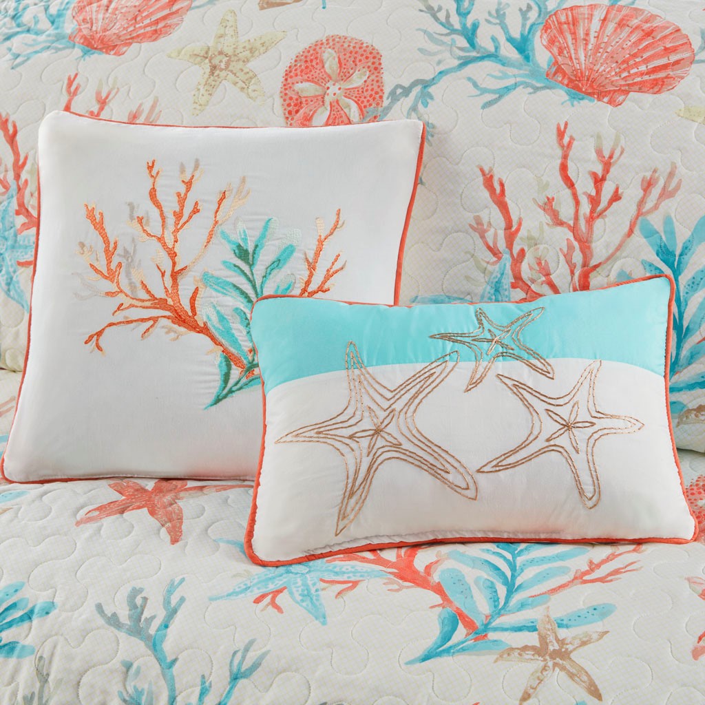 6 Piece Cotton Sateen Quilt Set with Throw Pillows - Coral Full/Queen