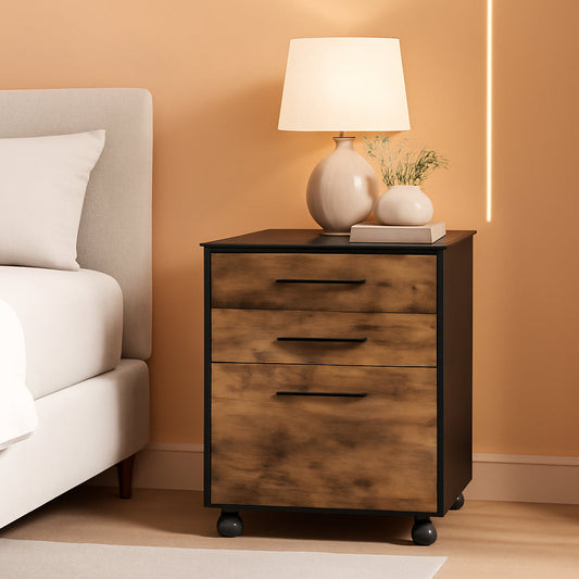 Wooden Three Drawer File Cabinet Under Desk Fits A4 Letter Size Rustic Brown Black Finish With Rolling Storage