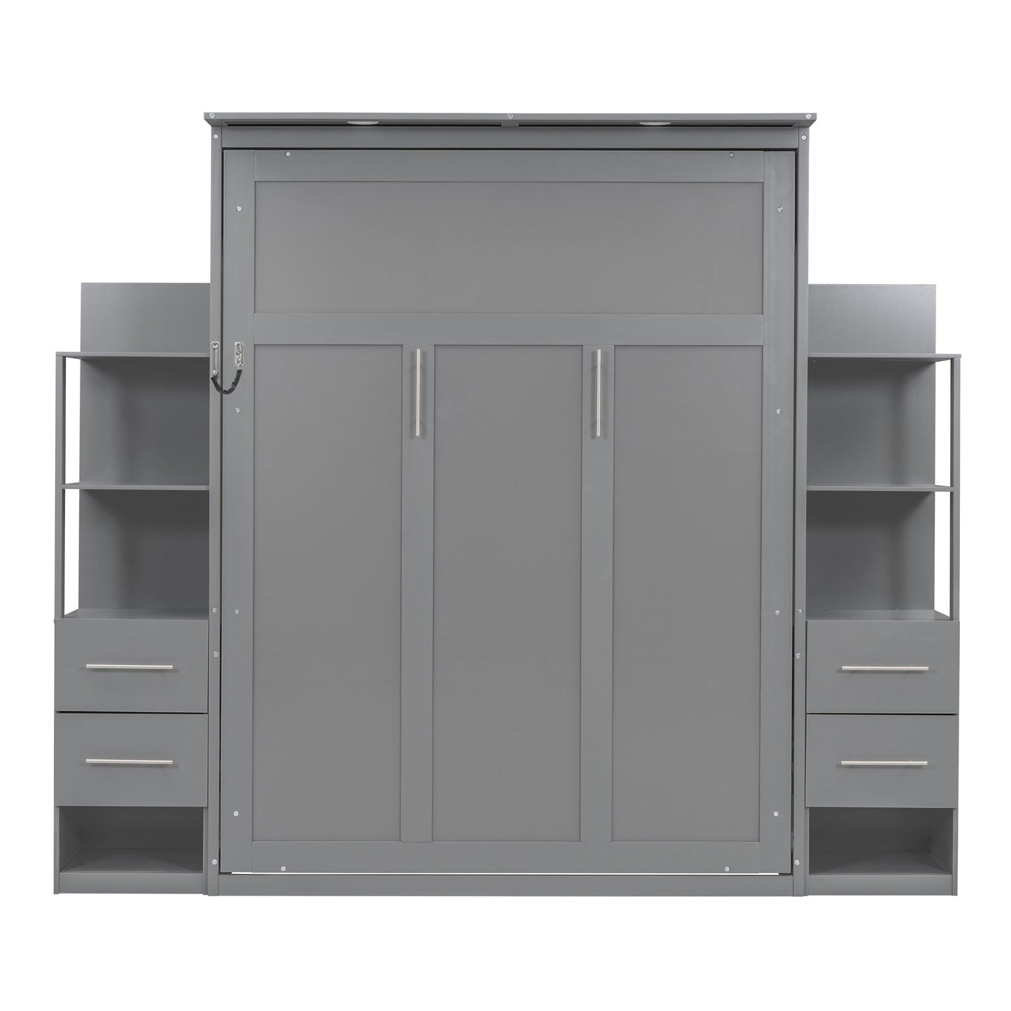 Queen Size Murphy Bed Wall Bed with Shelves, Drawers and Lights,Gray(OLD SKU:LP000566AAE-1)