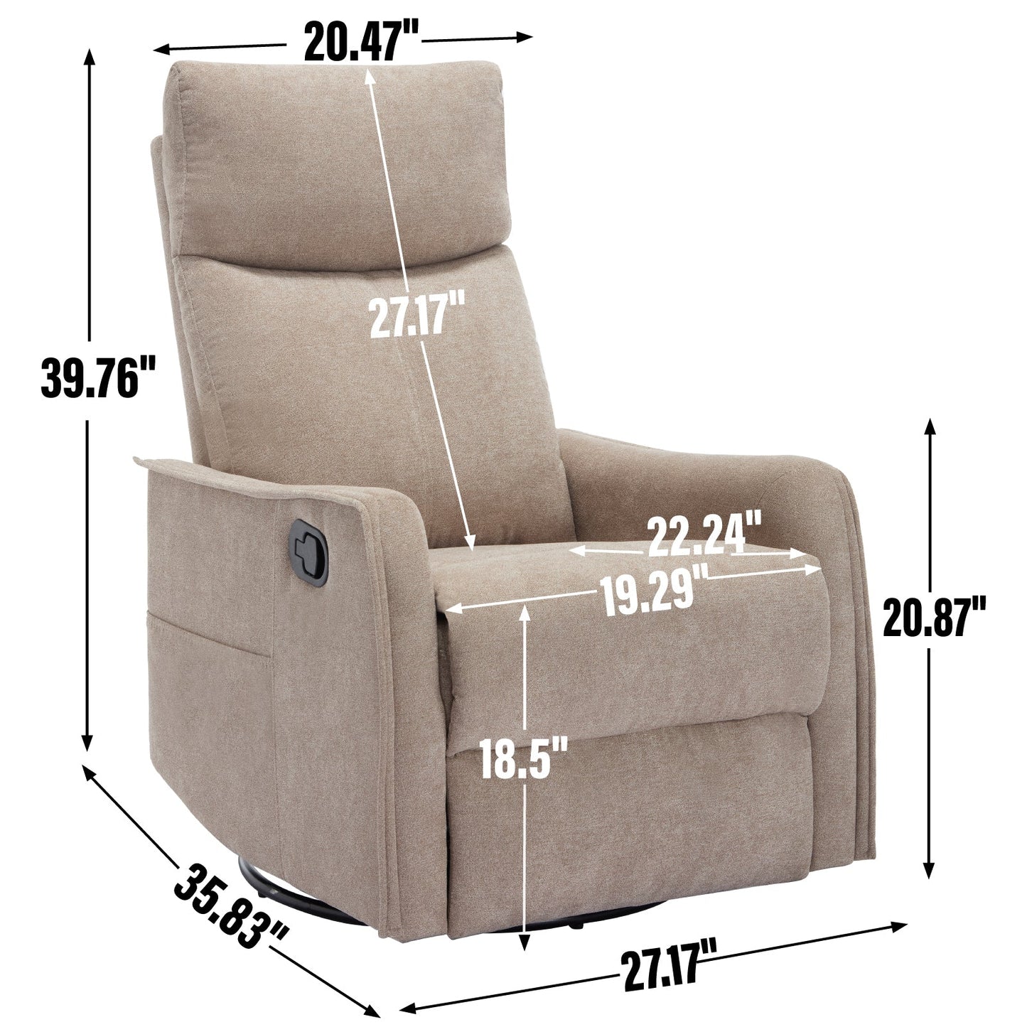 Heat Massage Manual Recliner Chair with Rocker and Swivel in Fabric for Living Room, Khaki