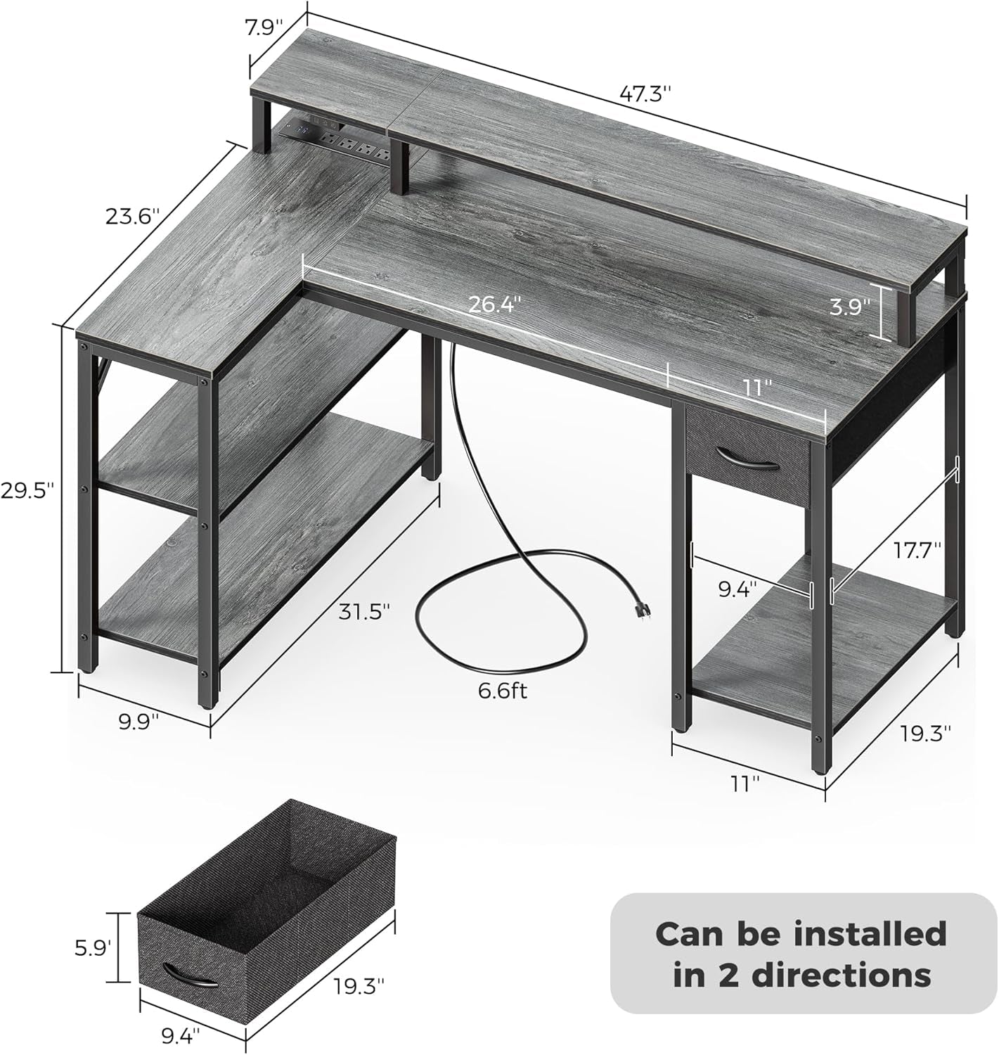 47 Inch L Shaped Desk With Led Lights And Power Outlets Grey