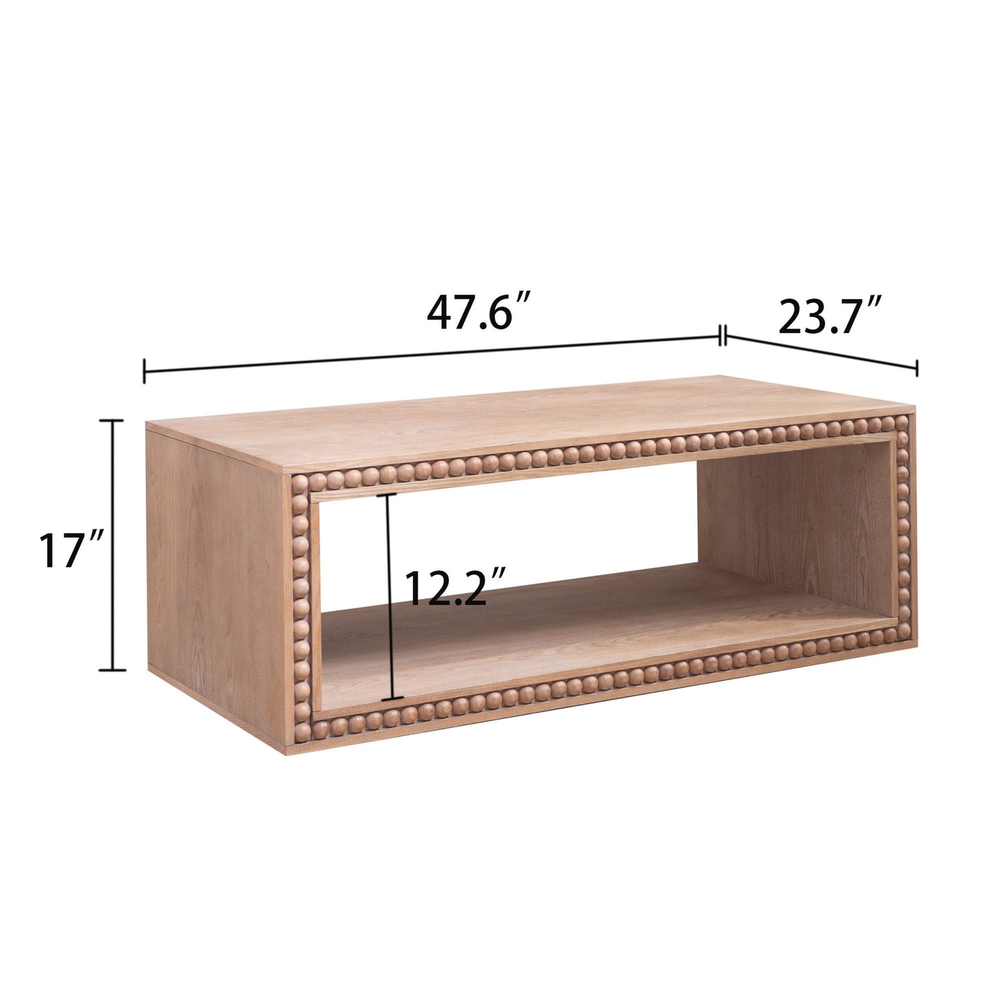 Rustic Beaded Edge Coffee Table – 47.6" Rectangular Center Table with Open Storage Shelf