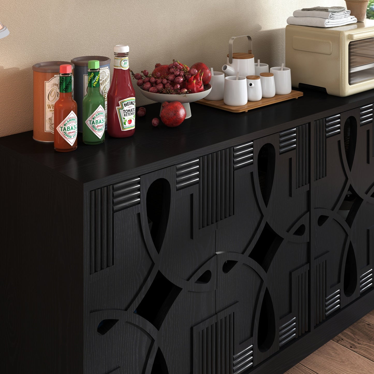 60.5' Mid Century Modern Sideboard Buffet Cabinet with Storage, TV Media Console Table, Storage Cabinet with 4 Doors & Adjustable Shelves for Kitchen Dining Living Room Entryway, Black
