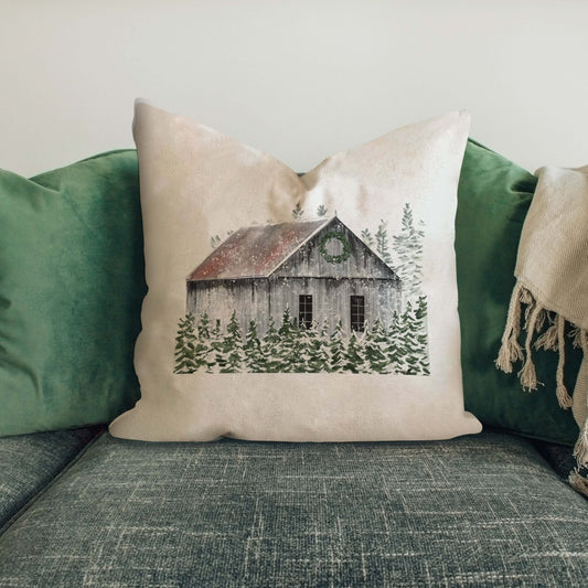 Gray Barn with Trees Pillow Cover 17x17 inch featuring a rustic barn illustration surrounded by trees.