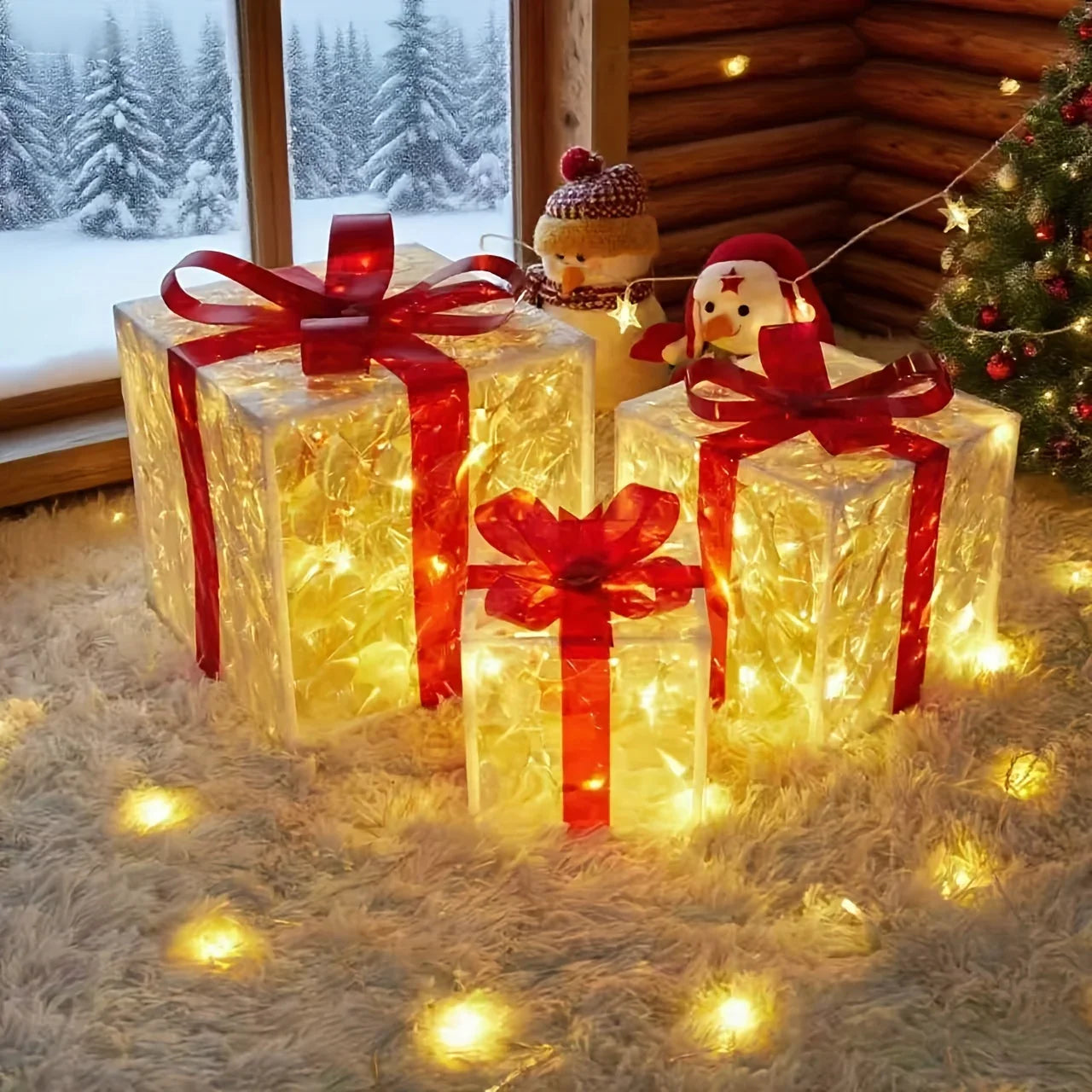 Decorative Wooden Set of 3 Lighted Christmas Gift Boxes
