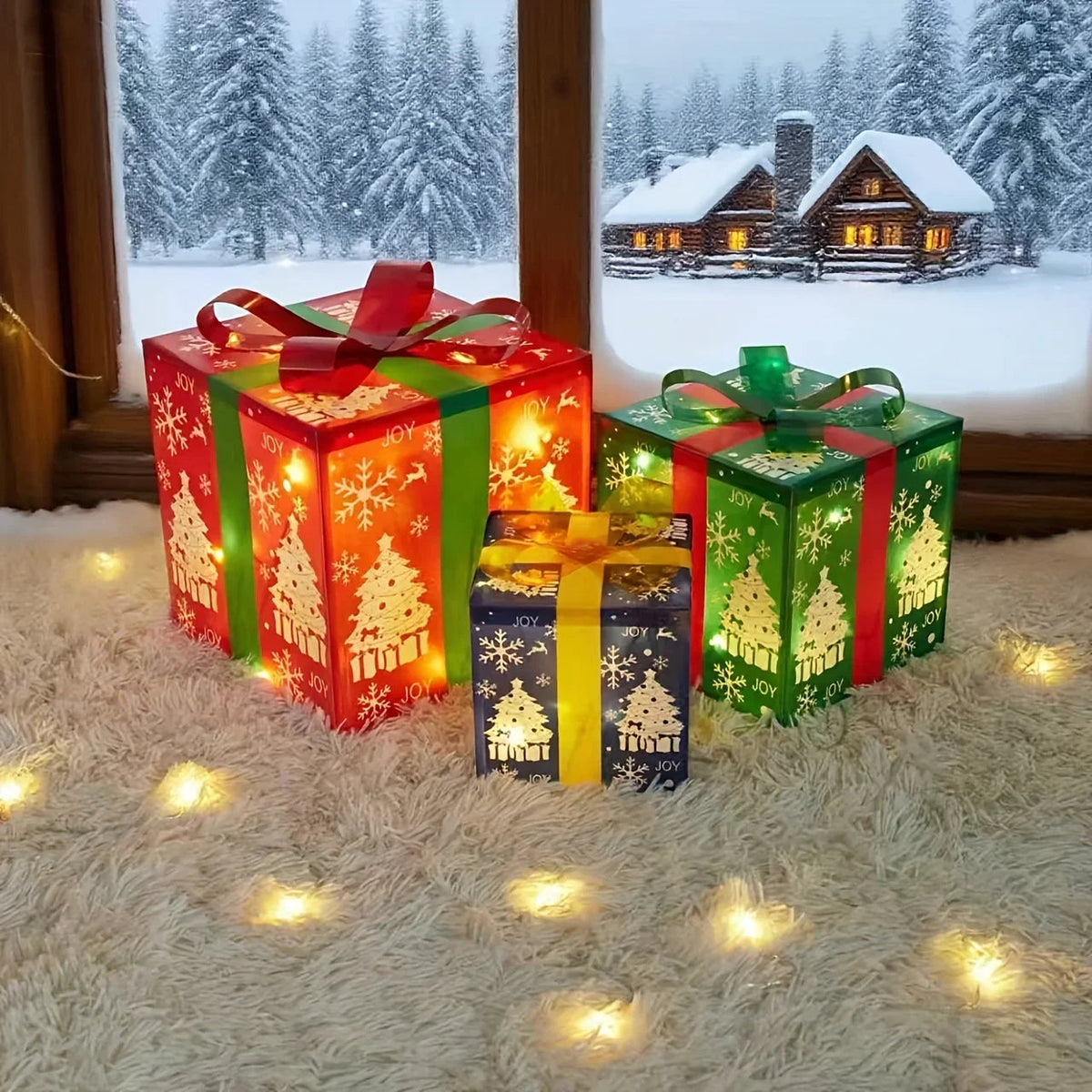 Decorative Wooden Set of 3 Lighted Christmas Gift Boxes