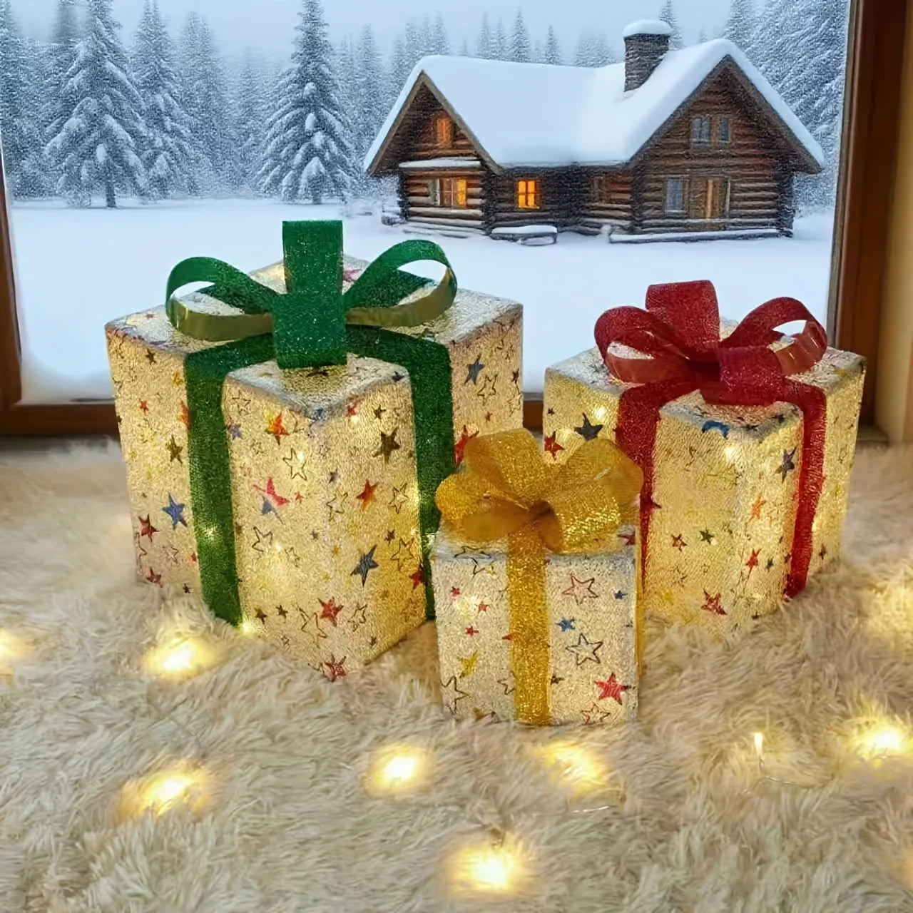 Decorative Wooden Set of 3 Lighted Christmas Gift Boxes
