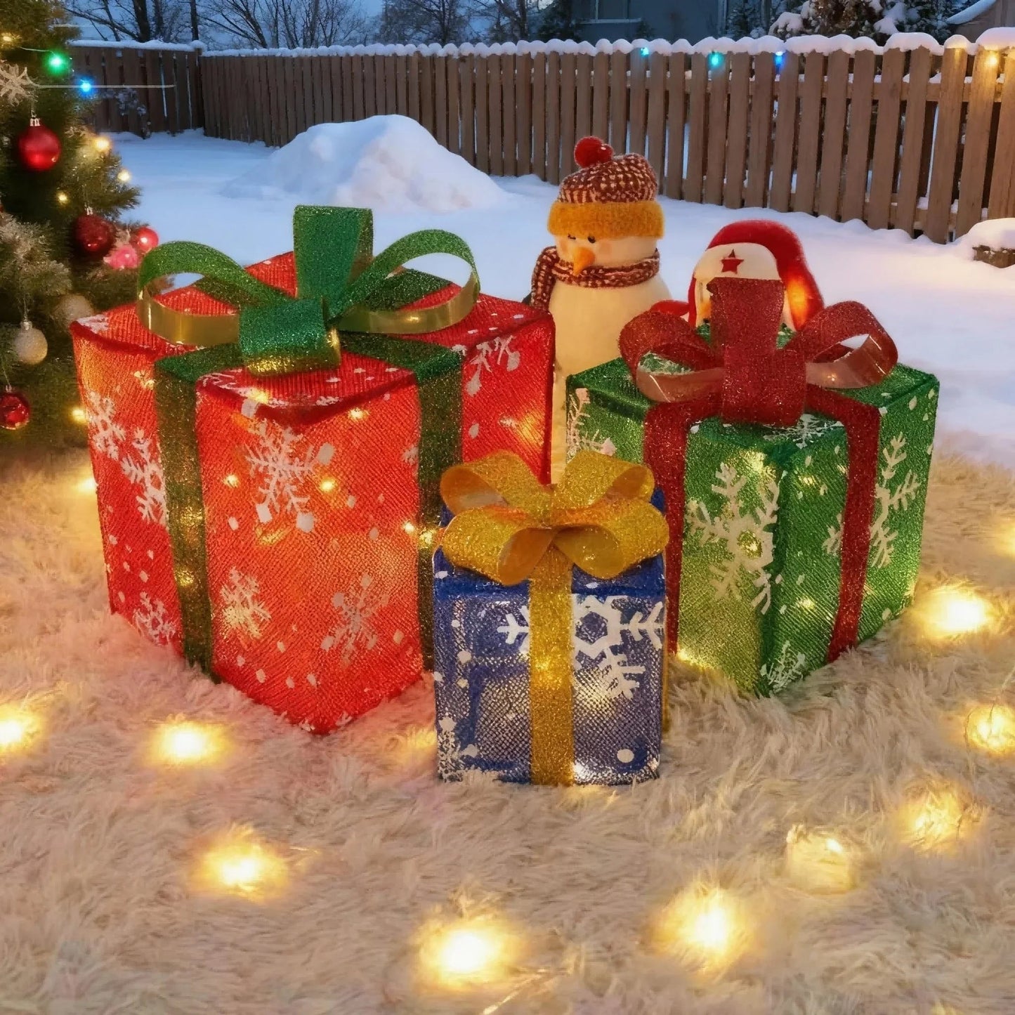 Decorative Wooden Set of 3 Lighted Christmas Gift Boxes