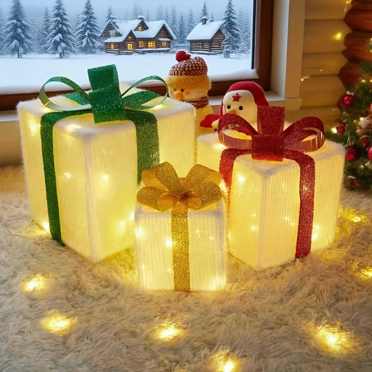 Decorative Wooden Set of 3 Lighted Christmas Gift Boxes