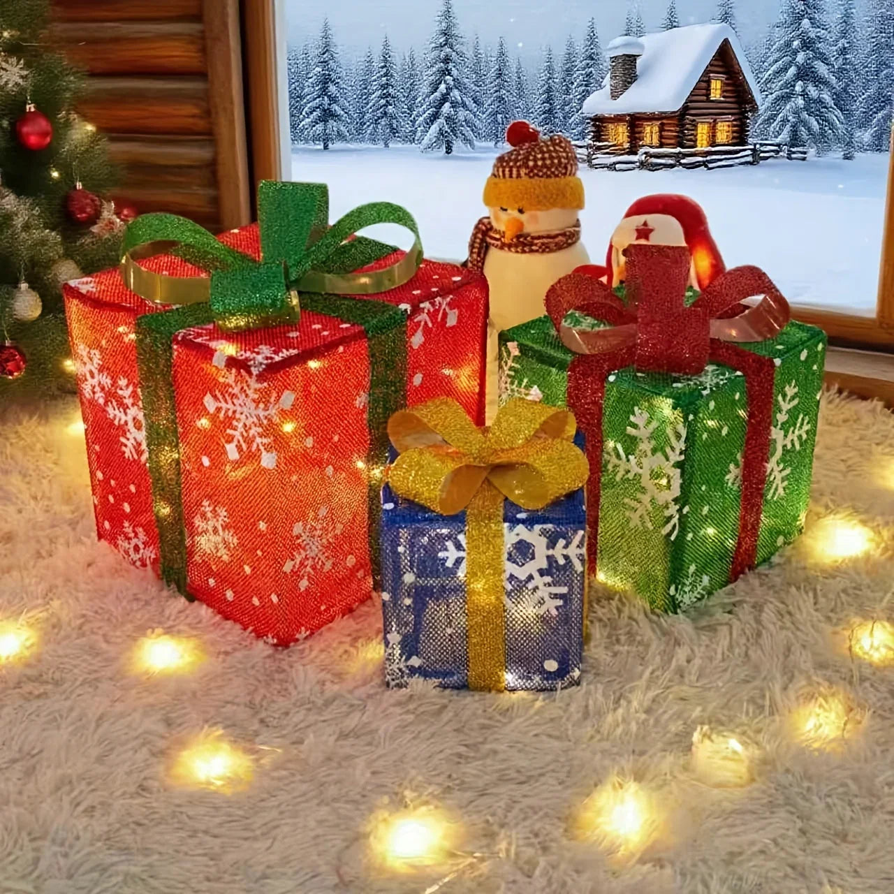 Decorative Wooden Set of 3 Lighted Christmas Gift Boxes