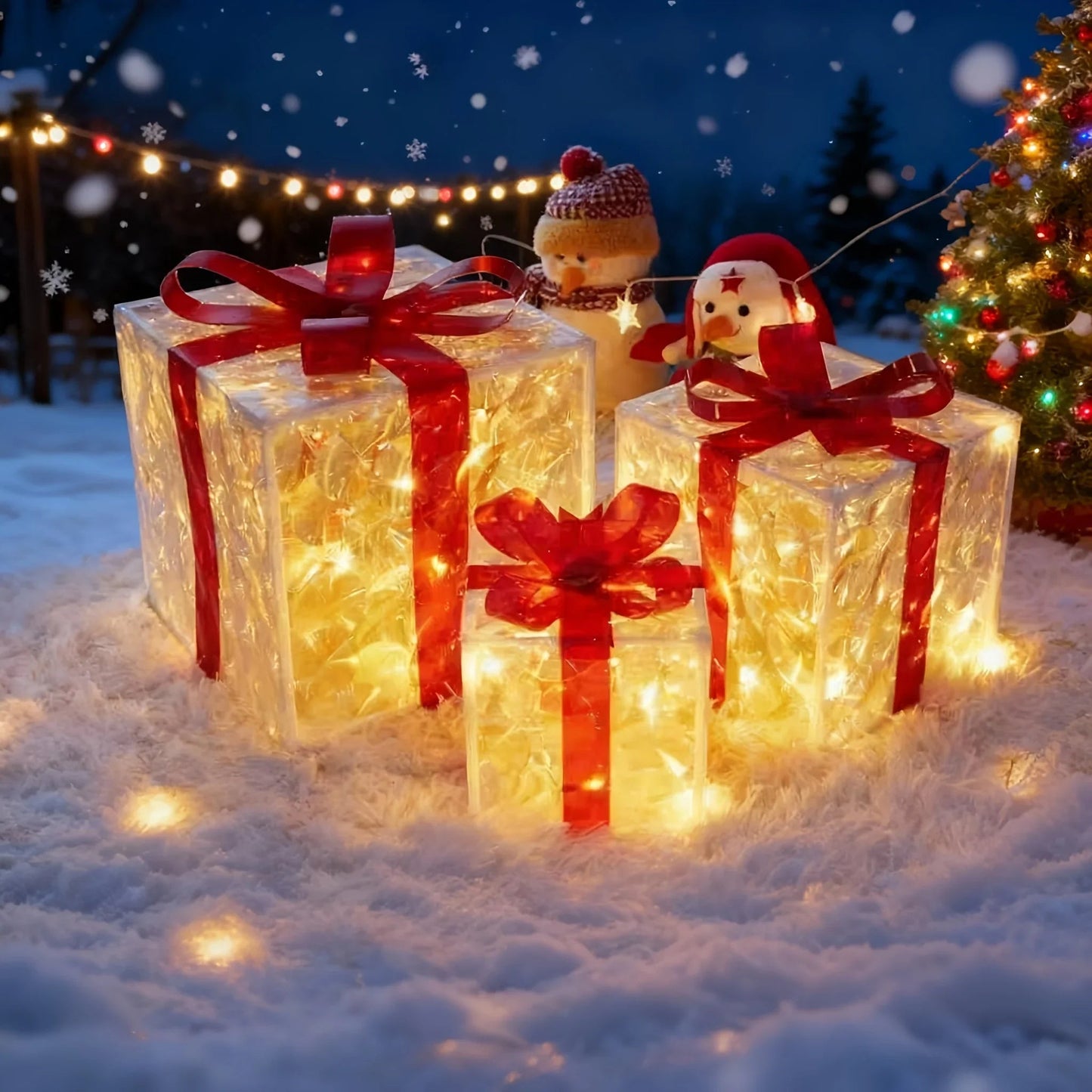 Decorative Wooden Set of 3 Lighted Christmas Gift Boxes