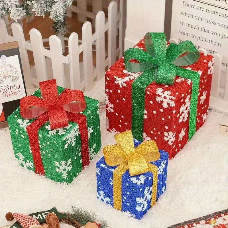 Decorative Wooden Set of 3 Lighted Christmas Gift Boxes
