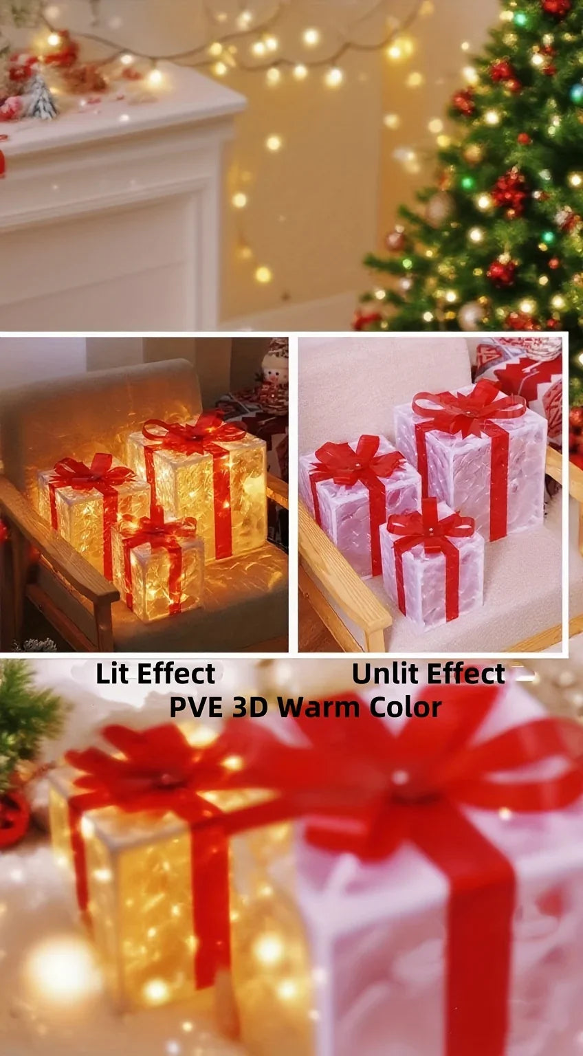 Decorative Wooden Set of 3 Lighted Christmas Gift Boxes