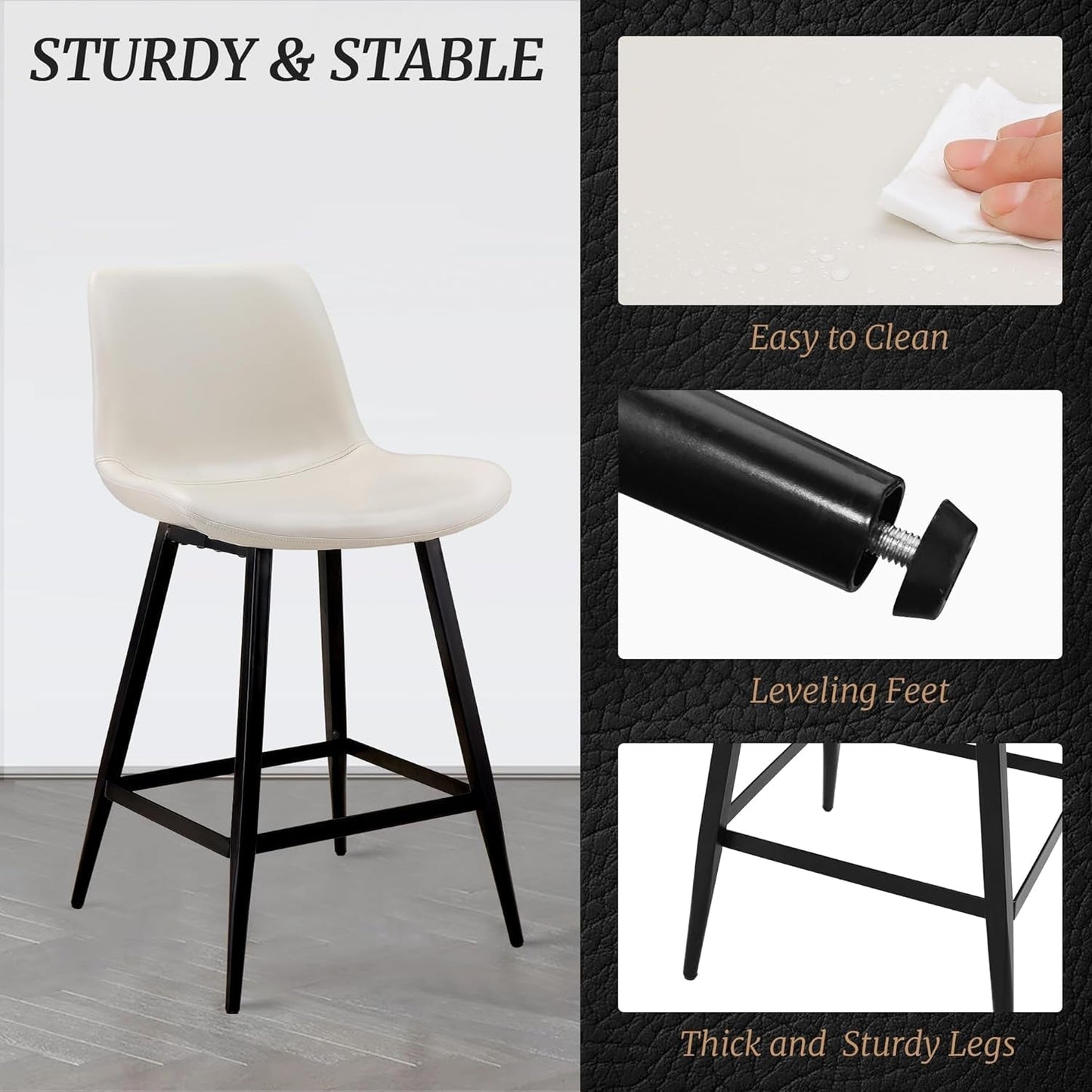 24 Inch Faux Leather Bar Stool Set of 3 With Back and Footrest, Antique White for Kitchen Island