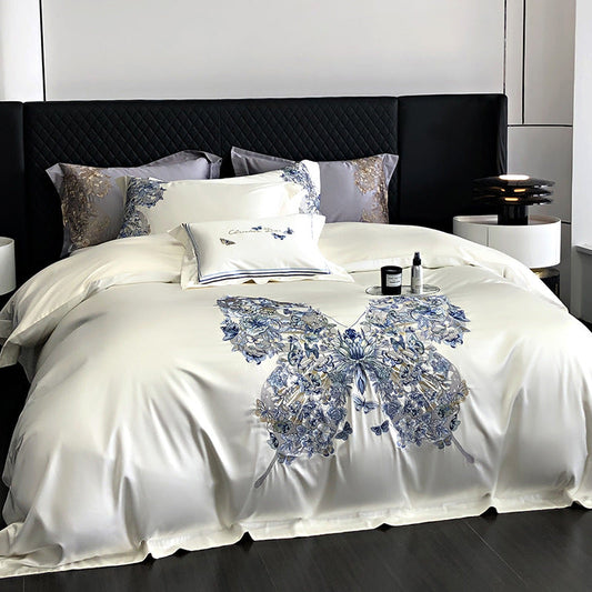 White Egyptian Cotton Butterfly Embroidery Bedding Set