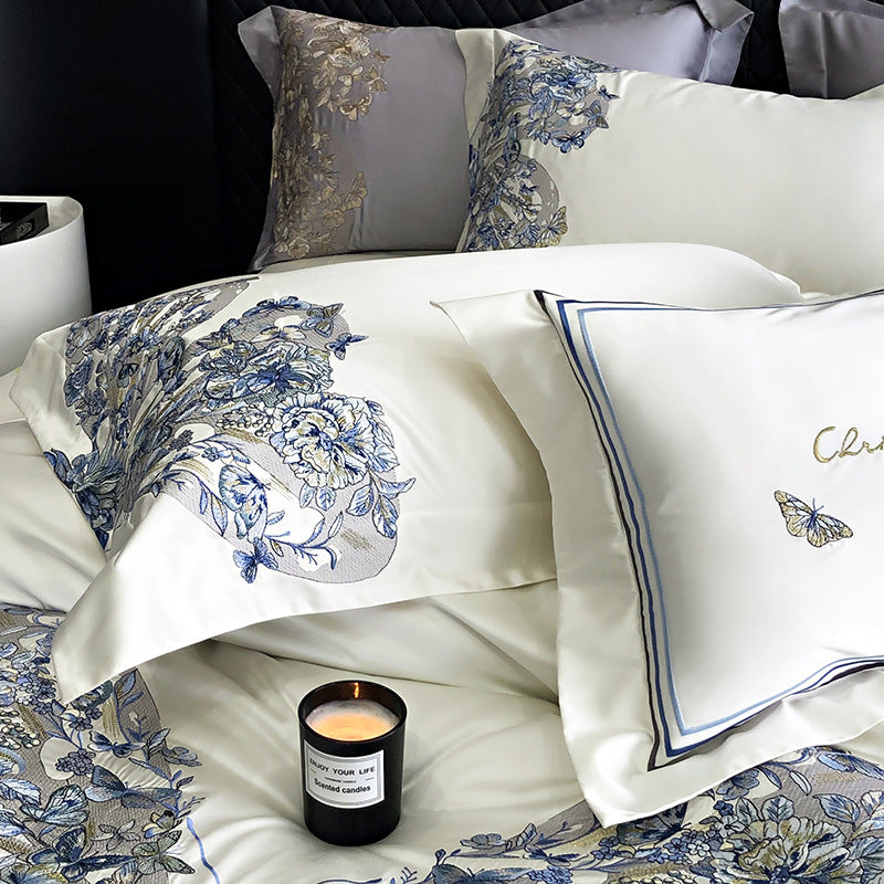 White Egyptian Cotton Butterfly Embroidery Bedding Set