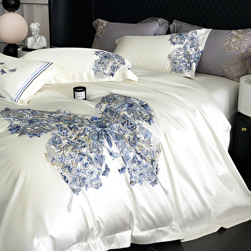 White Egyptian Cotton Butterfly Embroidery Bedding Set