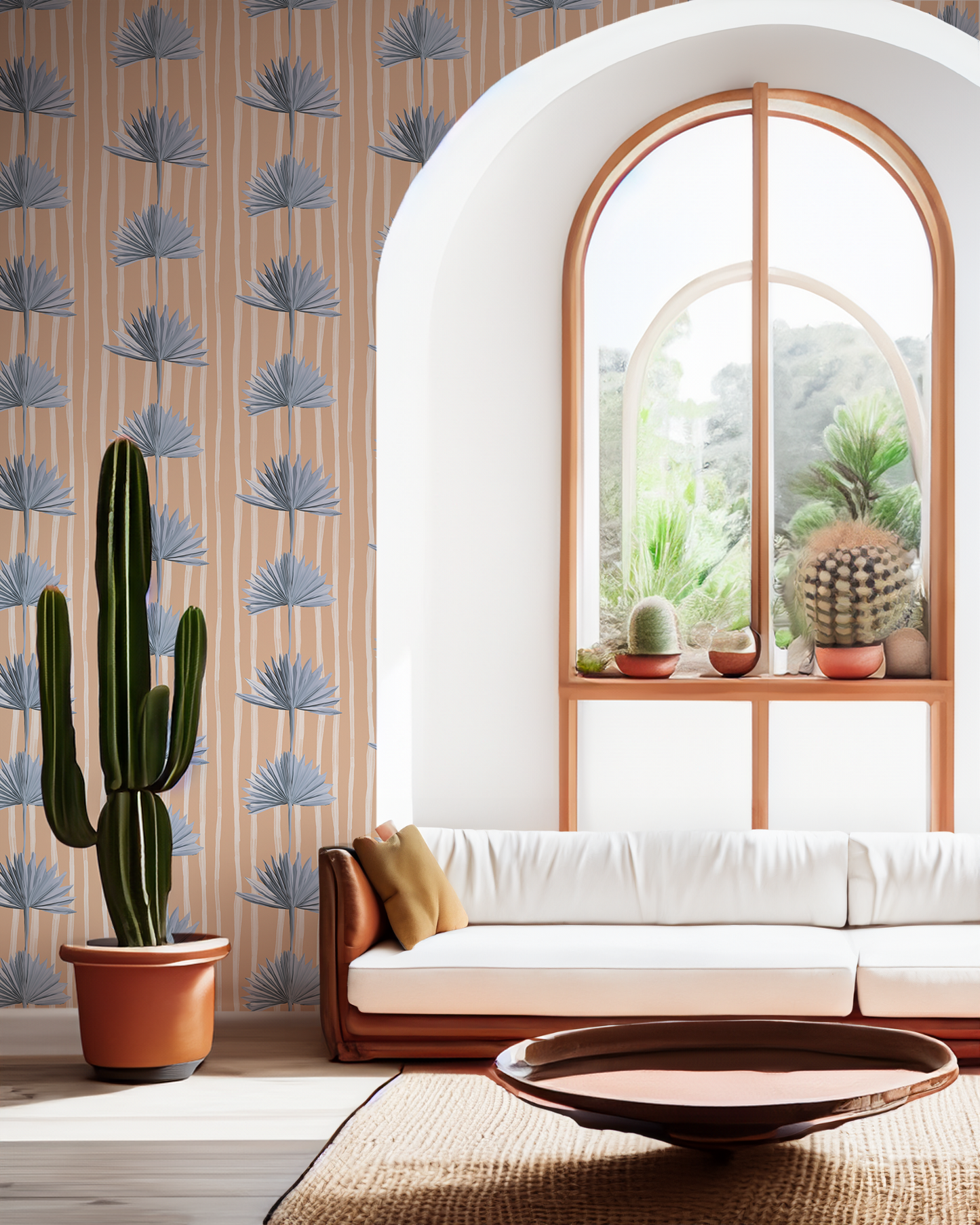 Stripey Palm Wallpaper, peach and blue