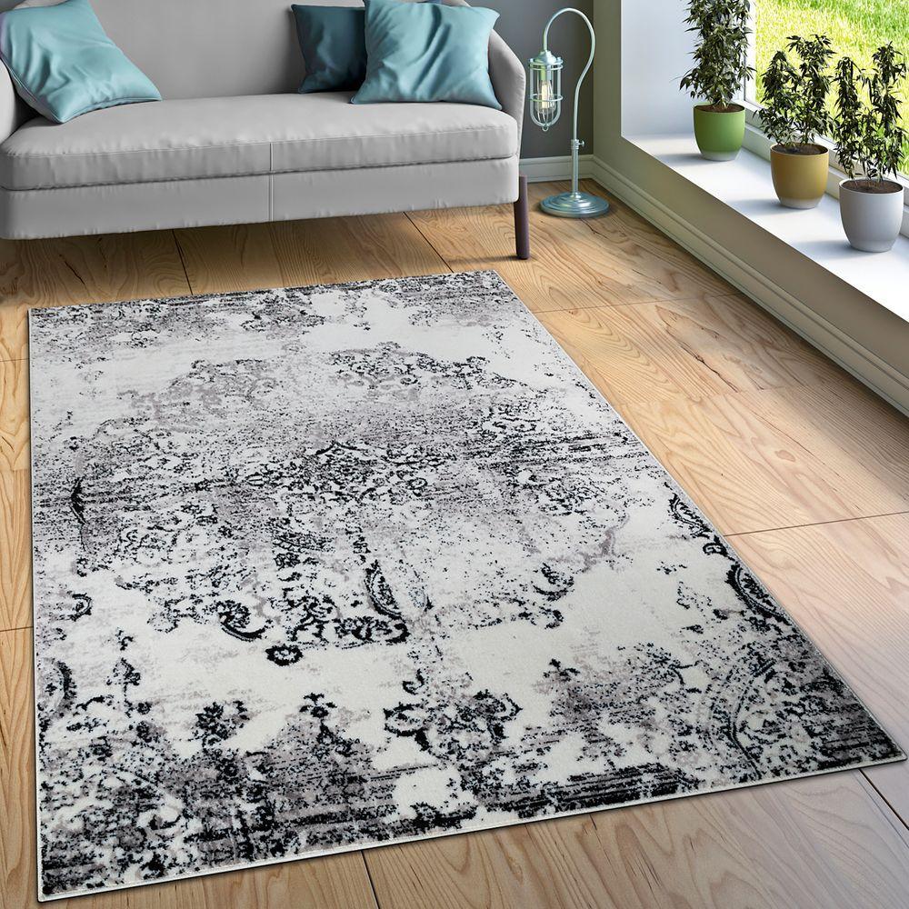 Designer Rug Ornamental Vintage Look Black White