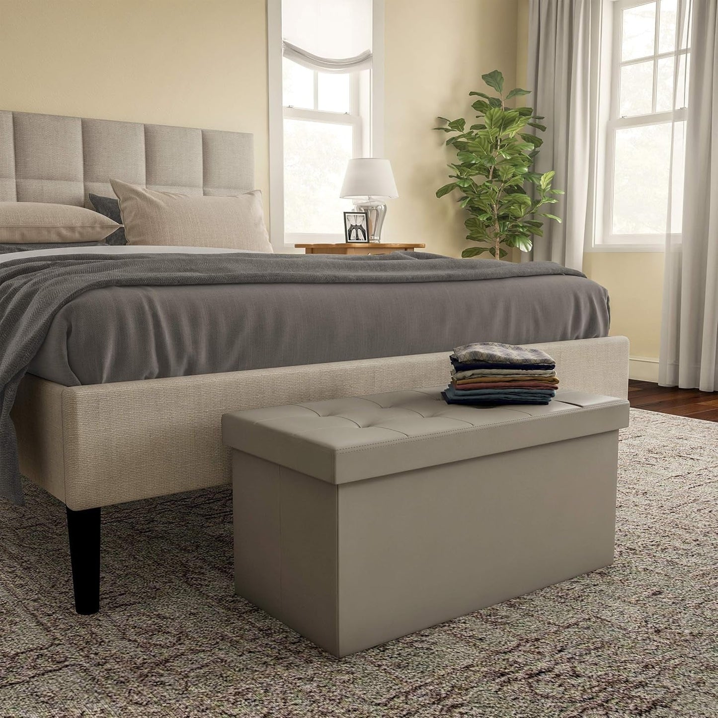 Storage Ottoman Bench 30 Inch Gray Removable Divider