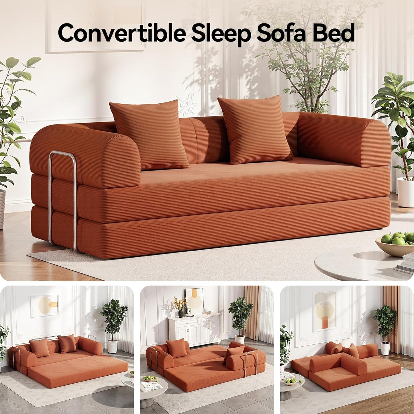 79 Inch Convertible Sofa Bed Orange Corduroy Pillows
