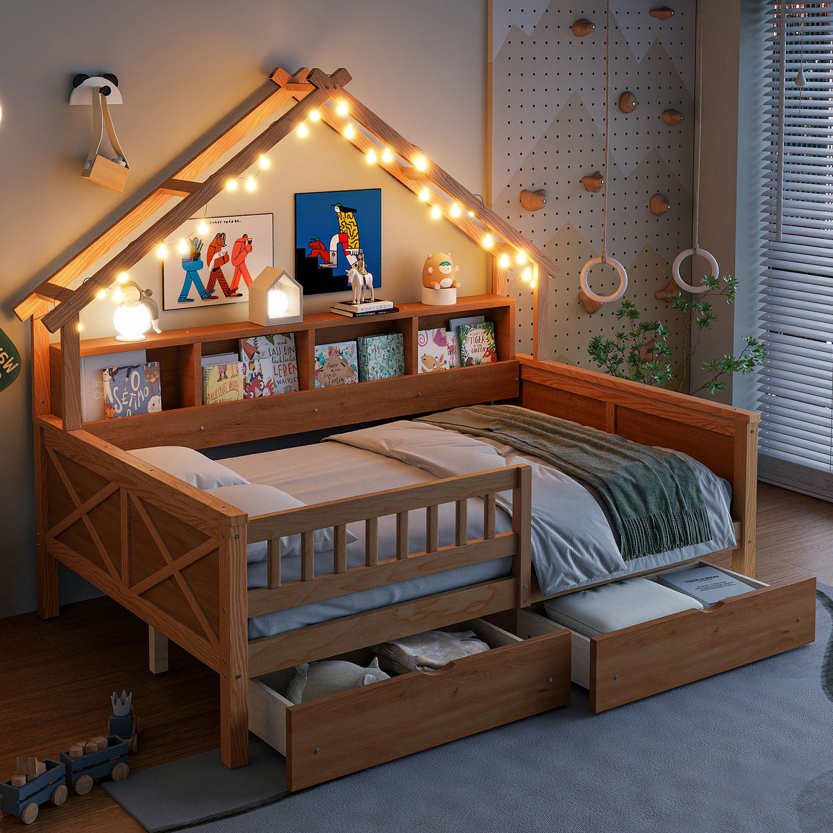Wood Full Size House Platform Bed with LED, Storage Shelves, Drawers and Guardrail