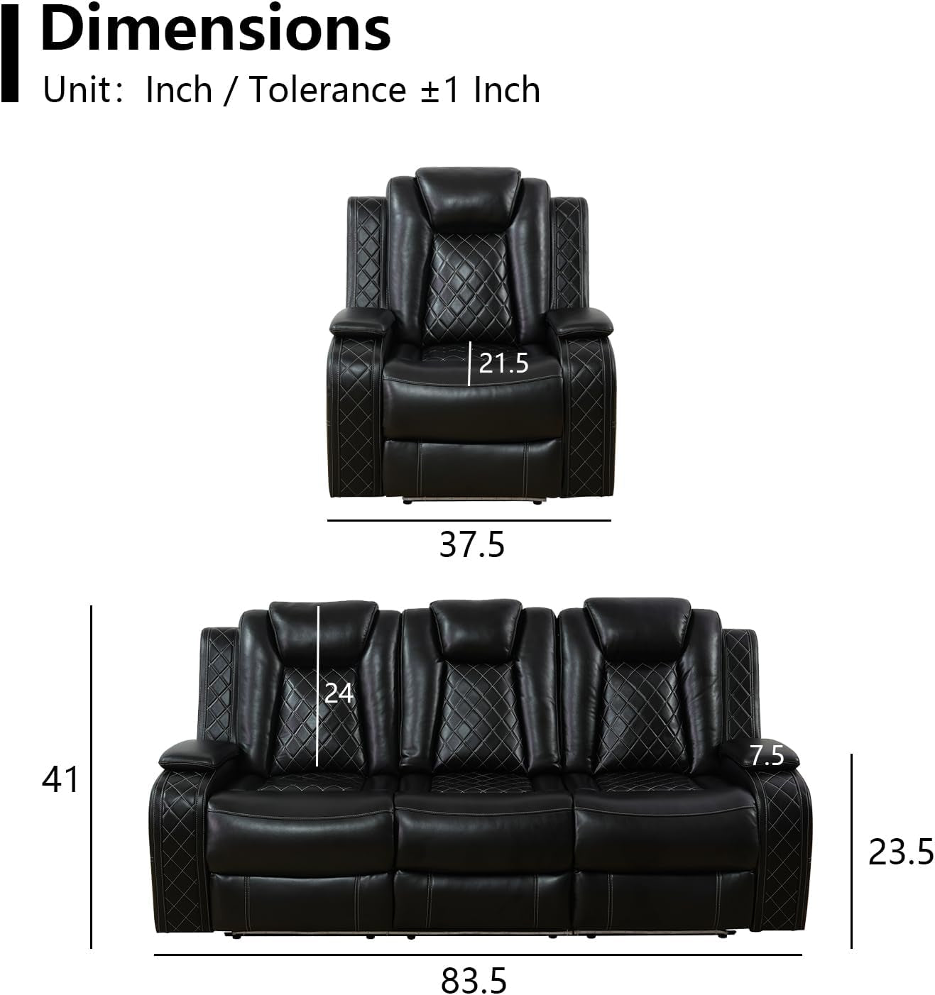Black Leather Reclining Sofa Set With LED Light Living Room