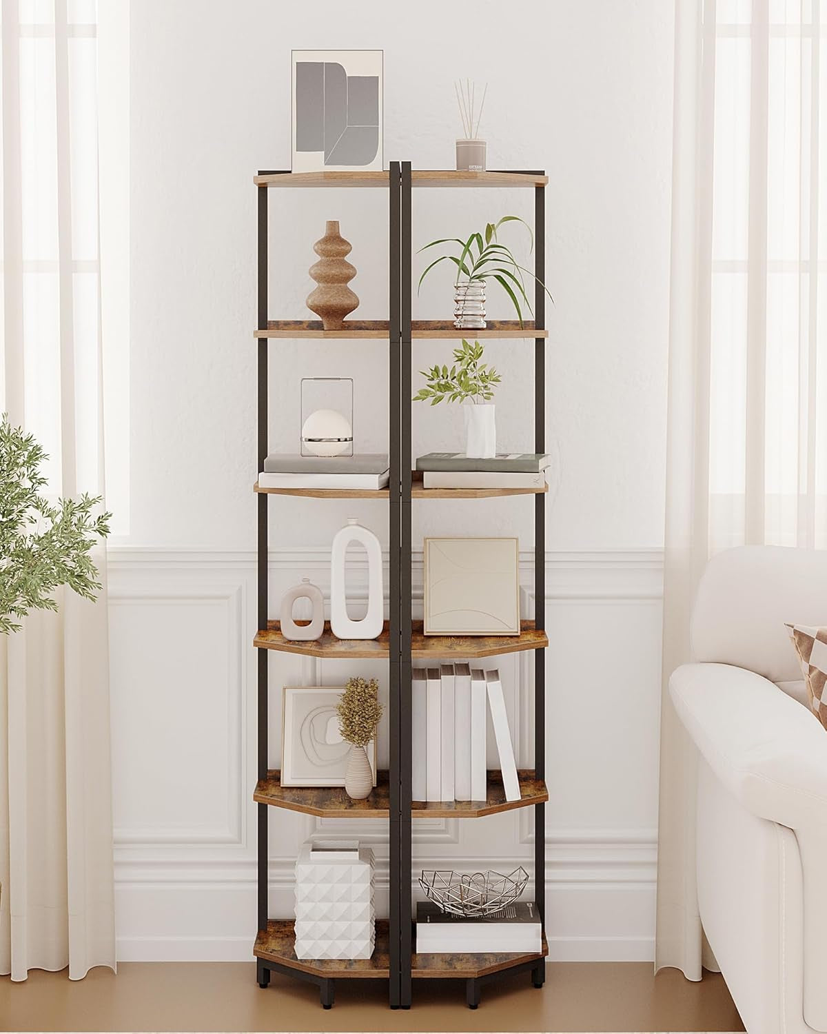 6-Tier Rustic Brown Corner Shelf Stand For Living Room