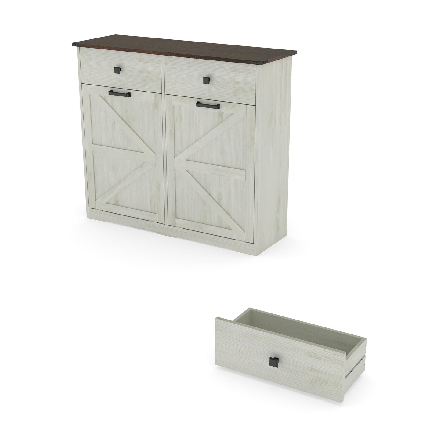 Double Tilt-Out Trash Cabinet With Hideaway Drawer and Barn Door Style