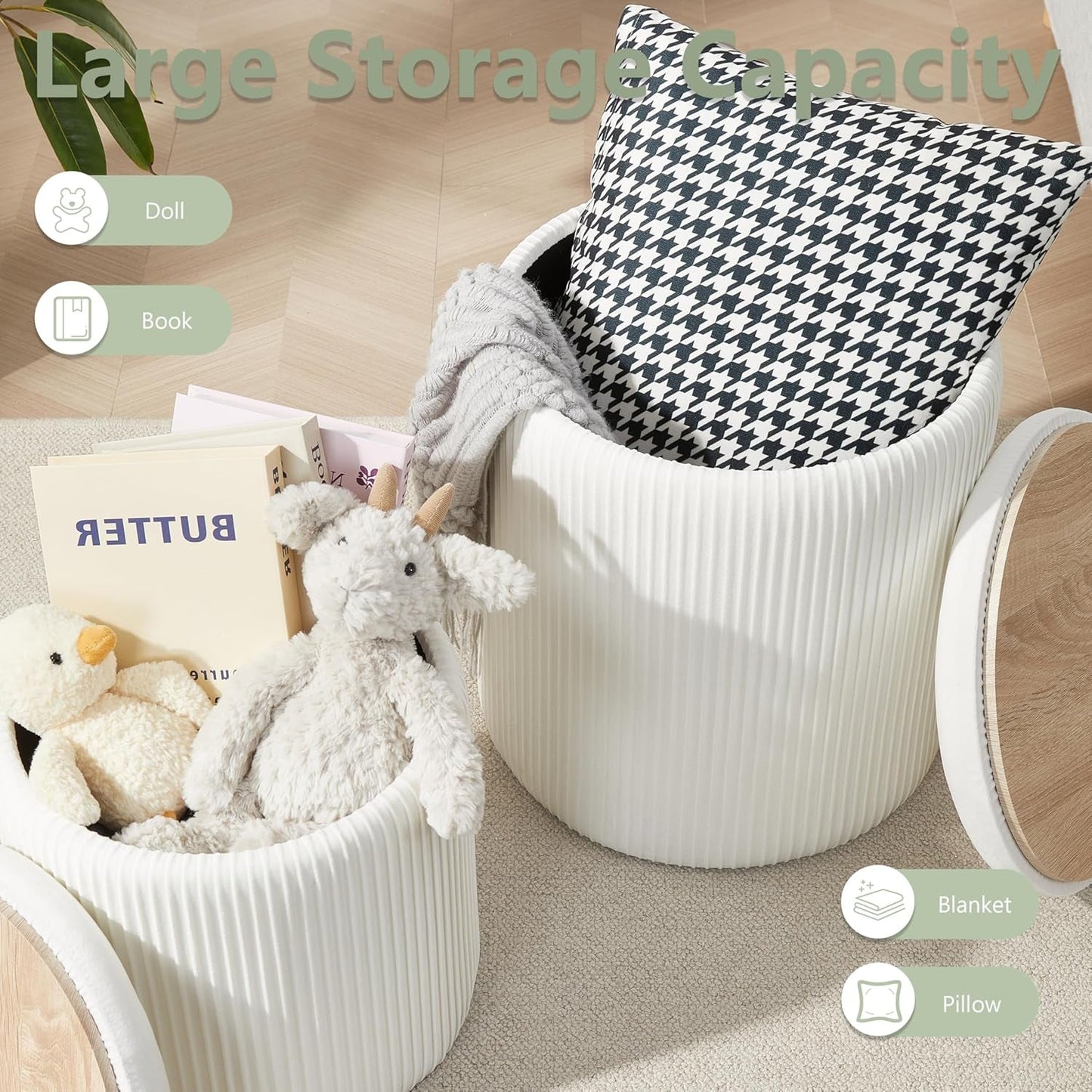 Compact Round Velvet Storage Ottoman TwoPack White