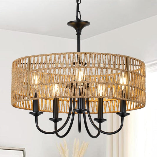Farmhouse 5 Lights Black Chandelier With Rattan Shade