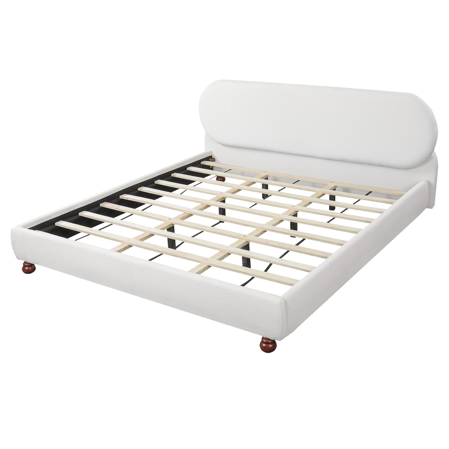 Cream-Colored Boucle Upholstered Bed with Rubber Wood Foot - King