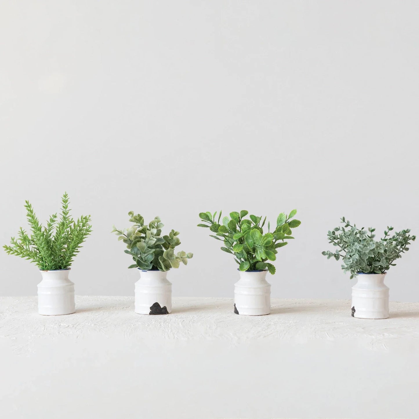 Faux Plant in Stoneware Pot, Distressed White Finish, 4 Styles