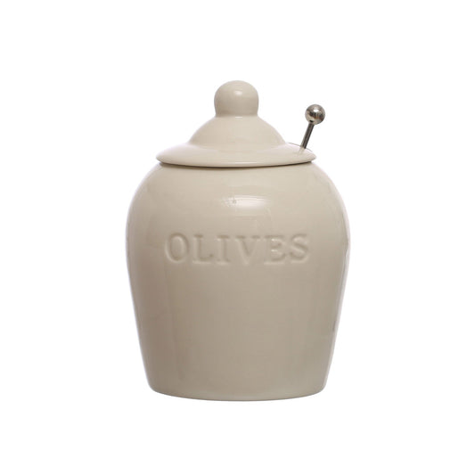 Stoneware Jar w/ Slotted Spoon "Olives",