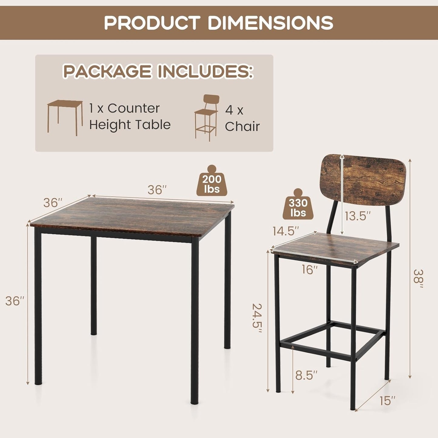 Counter Height Industrial Dining Table Set 36x36 Bar Stools