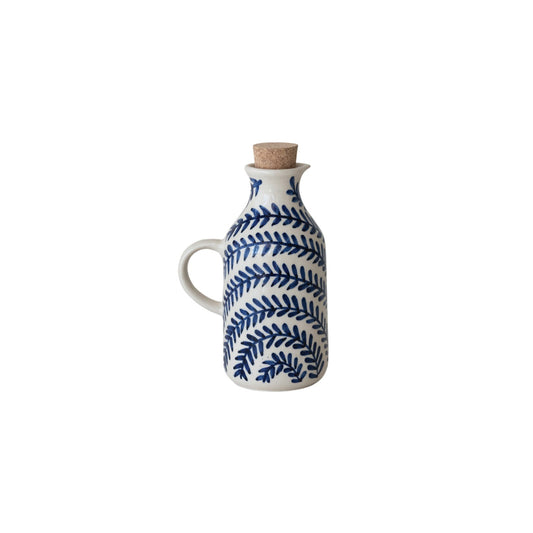 Hand-Painted Stoneware Oil Cruet with Cork Stopper