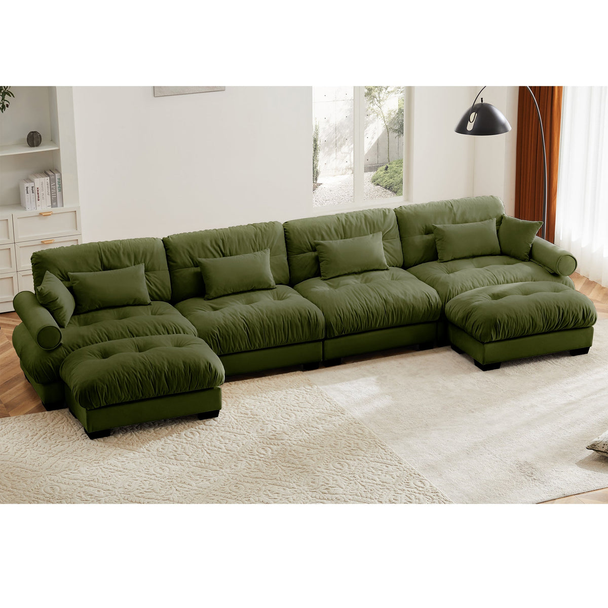 U Shaped Sectional Sofa Cloud Couch in Olive Velvet