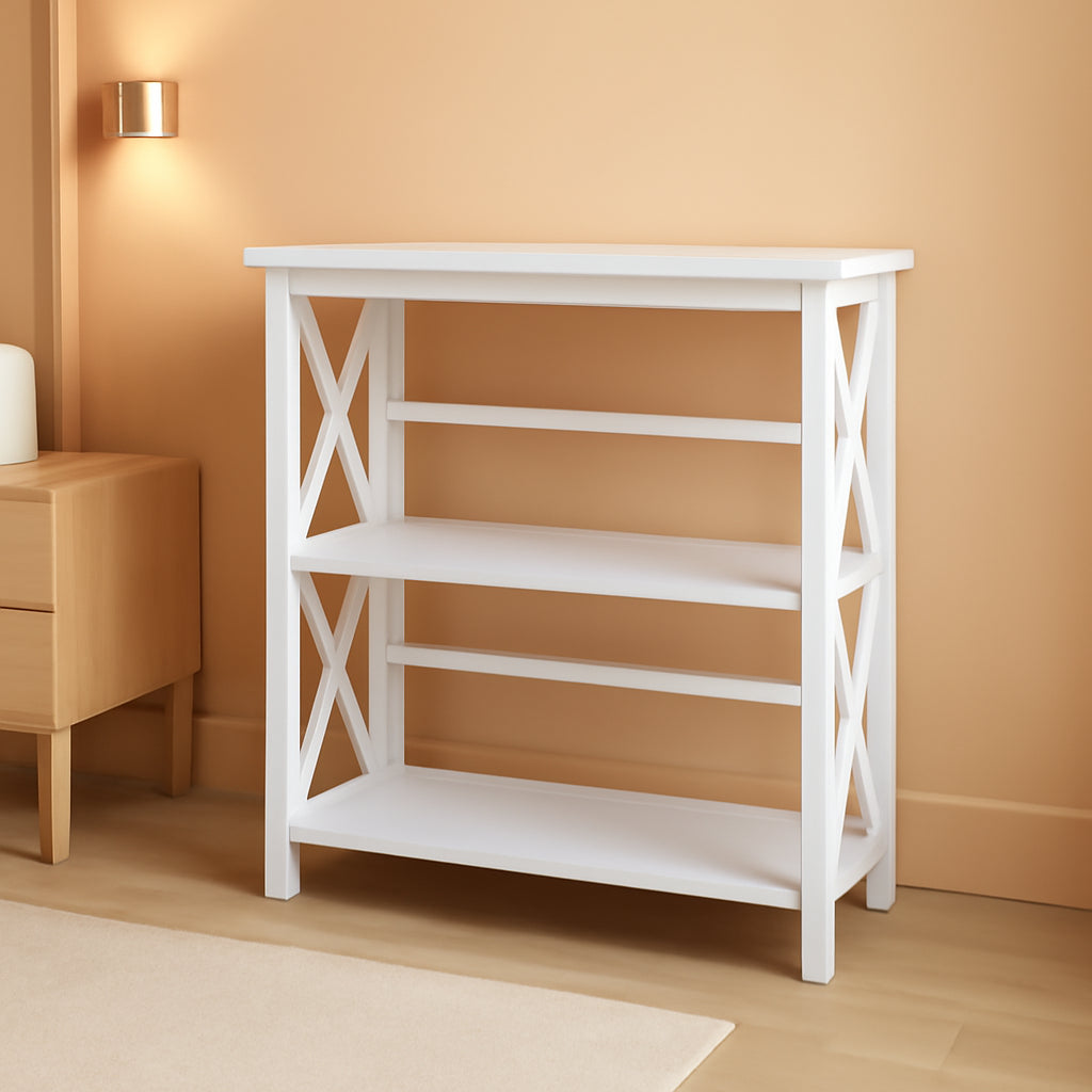 Montego 3 Shelf Bookcase White Modern X Design Storage