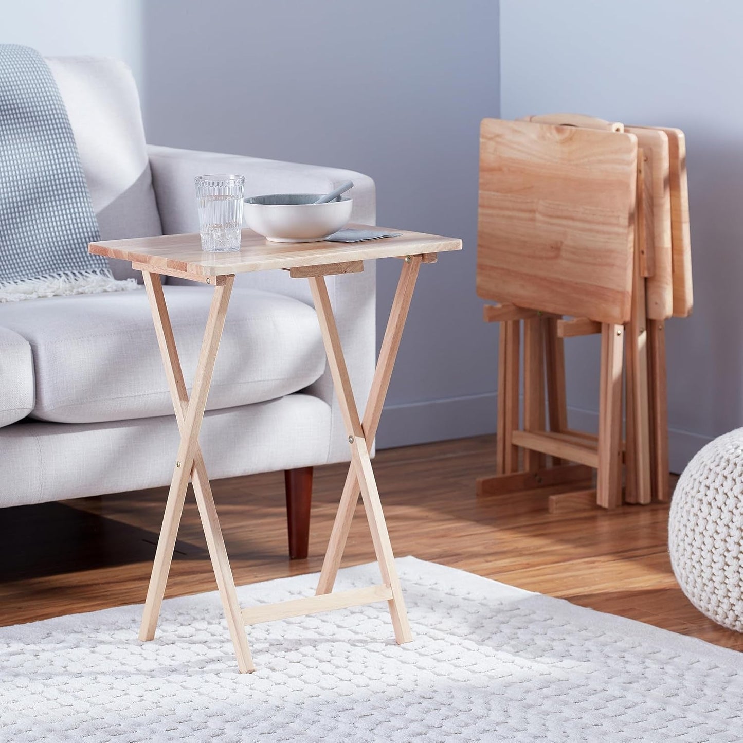 TV Dinner Tray Table Set of 4 With Storage Rack Natural
