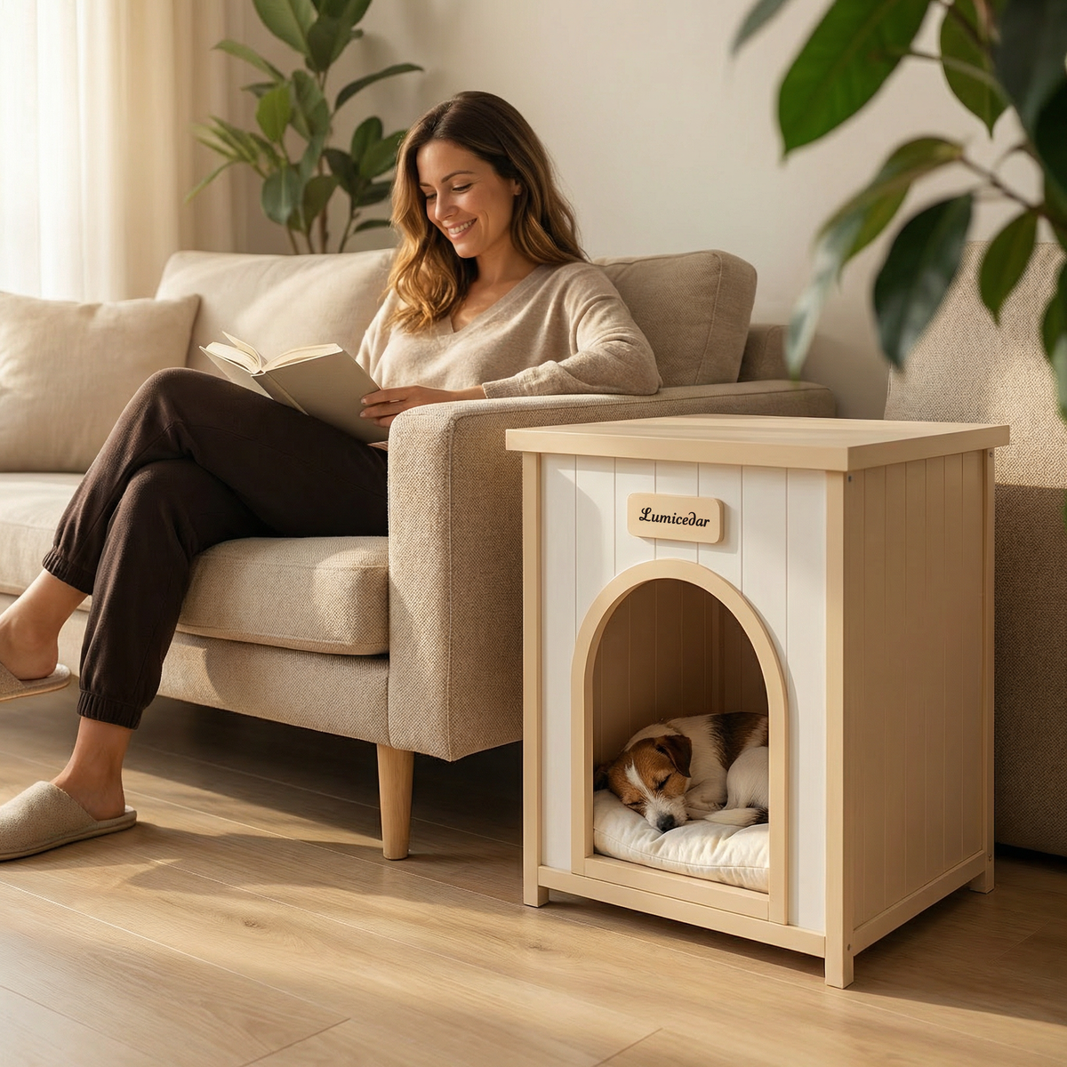 Modern Indoor Wooden Dog House with Removable Cushion