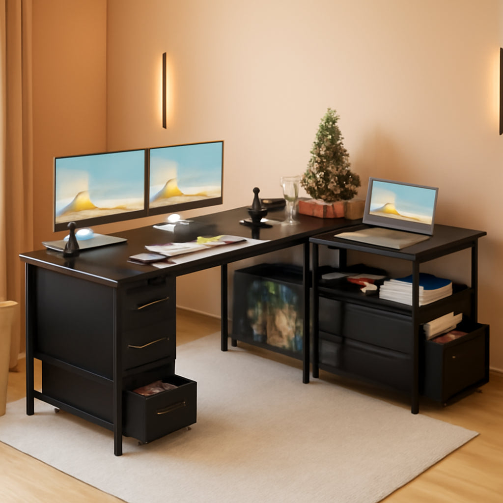 L Shaped Computer Desk 55 Inch With 6 Drawers Home Office