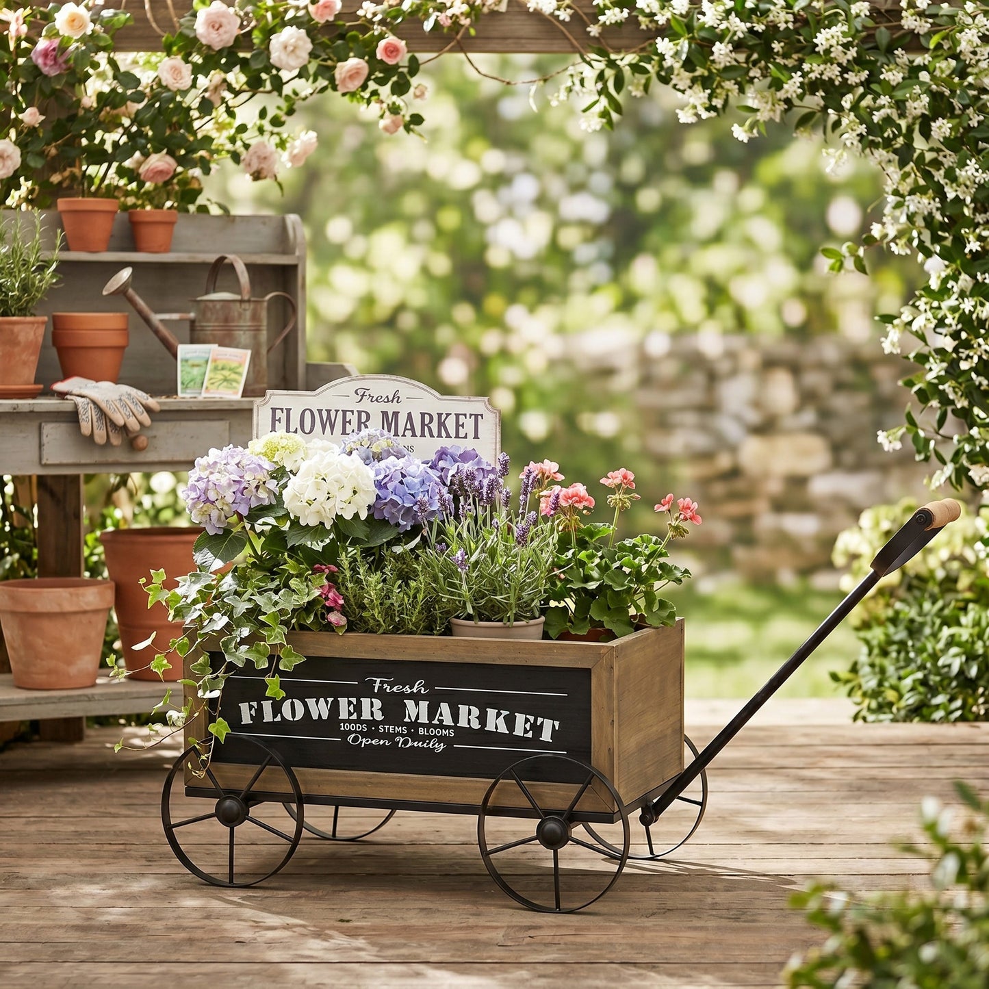 Rustic Wooden Wagon Planter