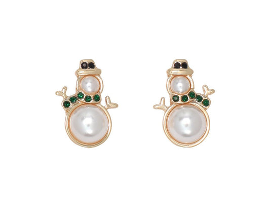 Dainty Pearl Snowmen with Crystals Earrings