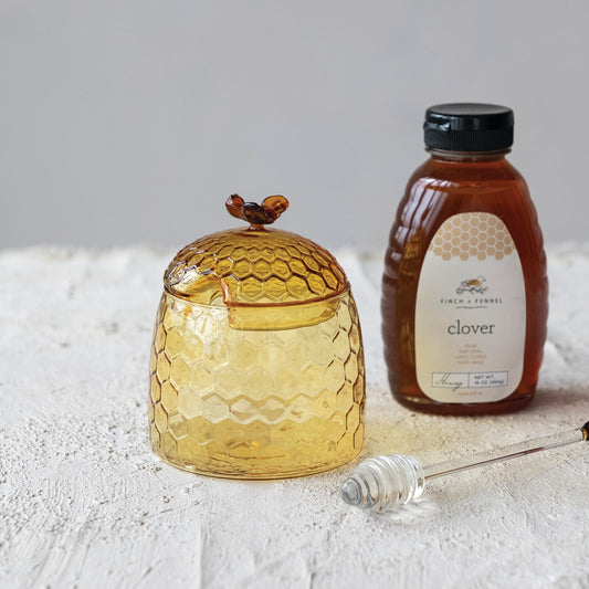 Glass Honey Jar with Bee Finial & Honey Dipper