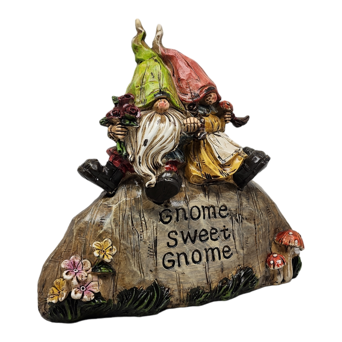 Garden Gnomes on a Rock - 8 Inch - Gnome Sweet Gnome figurine resting on a rock with flowers.
